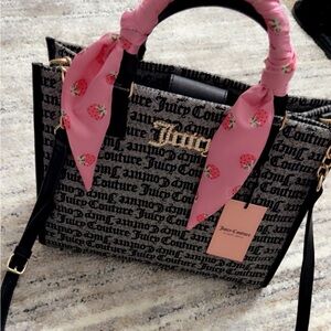 Juicy Couture Black Logo Satchel with Pink Strawberry Scarf